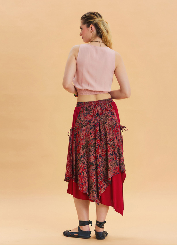 Red Ethnic Skirt with Tie Detail and Elastic Waist Pattern 4522